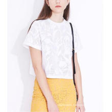 Summer Elegant Pure Jacquard Plant Short Round Neck Ladies T-Shirt